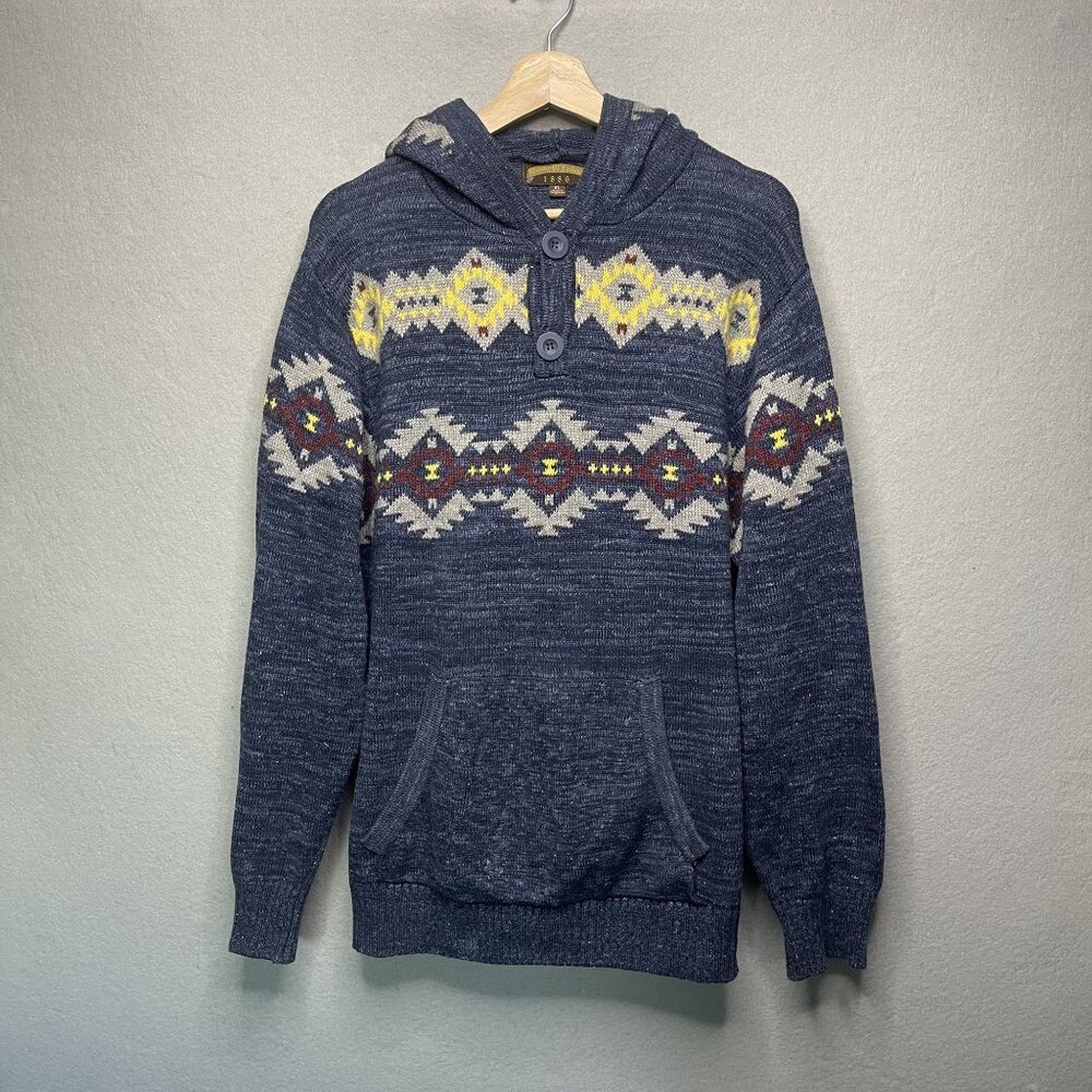 Ministry Of Fashion Sweater XL Blue Pullover Hoodie Knit Aztec Pattern Men's
